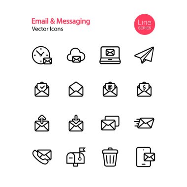 E- posta ve ileti satırı simgesi seti. Sosyal medya, online sohbet, kurye uygulaması, cep telefonu, akıllı telefon, bülten, spam, posta kutusu, adres defteri. İzole edilmiş beyaz arkaplanda vektör. Eps 10