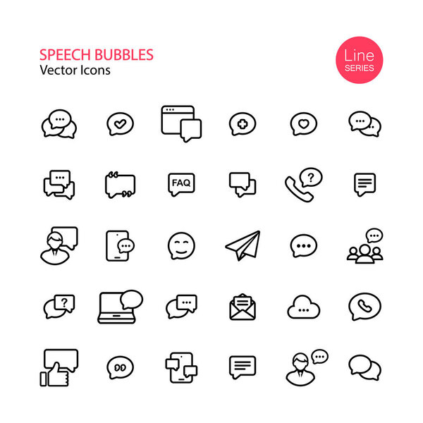 Пузырьки речи, набор значков линии связи. Сообщение, уведомление, групповой чат, видеоконференция, феддбэк. Вектор на изолированном белом фоне. Eps 10
