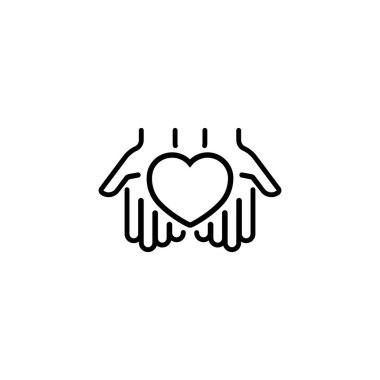 Kalp avuç içinde ince çizgi ikonu. Eller kalp verir. Aşk ya da sağlık hizmeti kavramı. Bağış gönüllüleri sembolü, logo. İzole edilmiş beyaz arkaplanda vektör. EPS 10