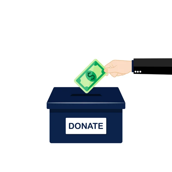 Buisness Man Hand Putting Money Donation Box Vektorový Eps10 Ilustrace — Stockový vektor