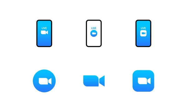 Синий Набор Значков Камеры Видеоконференции Приложение Live Media Streaming Логотип — стоковый вектор