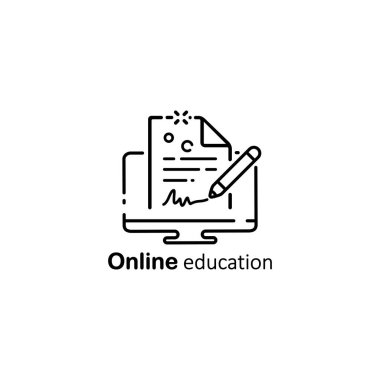 Online eğitim ikonu. Mesafe sınavları, dersler. İzole edilmiş beyaz arkaplanda vektör. EPS 10