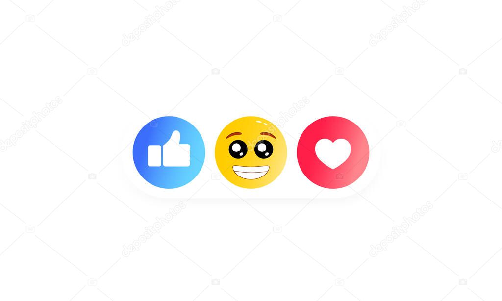 Thumbs up and heart label with cartoon smile. Set of social icons. Vector on isolated white background. EPS 10.