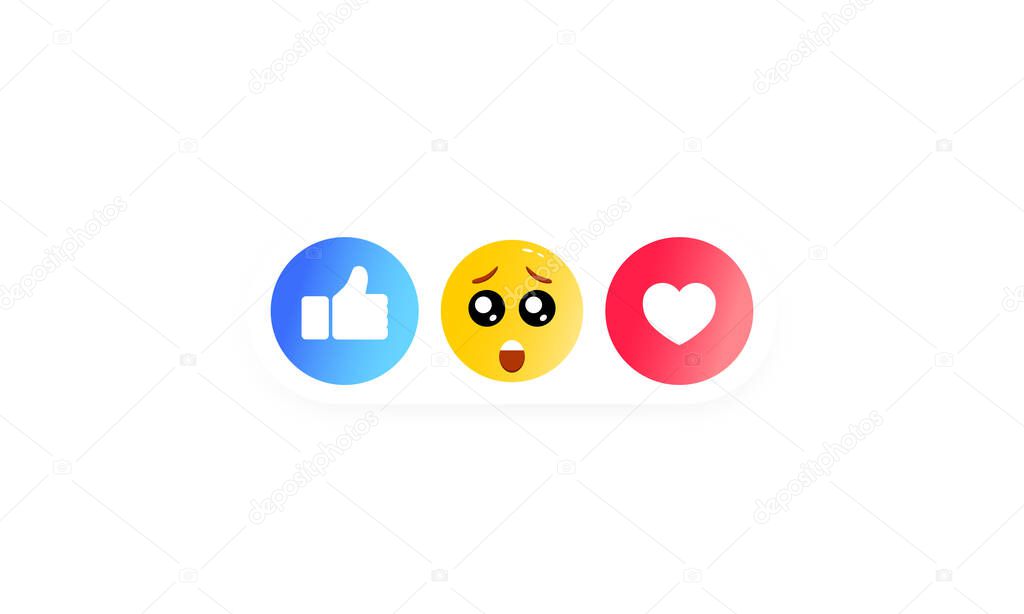 Like heart, smiley, thumb up icon like. Social media icons. Vector on isolated white background. EPS 10. Laugh, wonder, sad, and angry head emoticons.