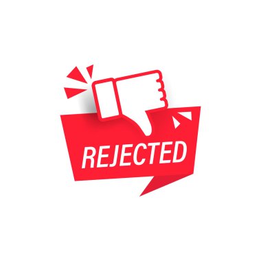 Reddedildi. Baş parmakları aşağı simgesi olan etiket. Çıkartma. Sosyal medya konsepti. İzole edilmiş beyaz arkaplanda vektör. EPS 10