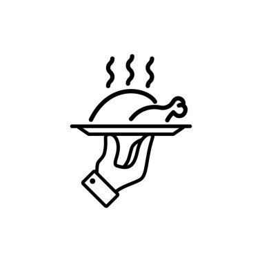 Tepsi çizgisi ikonunda tavuk. Kızarmış tavuk eti, sıcak sıcak buhar tabağı. Noel yemeği konsepti. İzole edilmiş beyaz arkaplanda vektör. EPS 10.