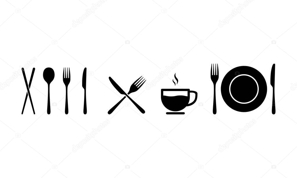 Kitchen utensil icon. Spoon, fork, knife, cup and plate sign. Vector on isolated white background. EPS 10.