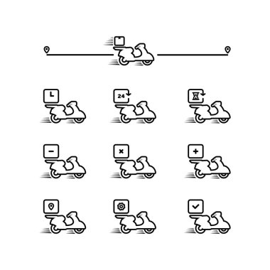 Scooter hızlı teslimat simgesi siyah ayarlandı. Ulaştırma servisi. İzole edilmiş beyaz arkaplanda vektör. EPS 10.