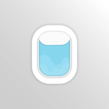 Uçak pencere simgesi. Mavi gökyüzü. Tuorizm, yolculuk. Seyahat et. İzole edilmiş beyaz arkaplanda vektör. EPS 10.