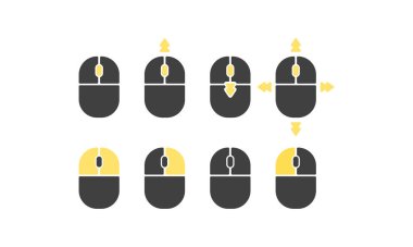 Bilgisayar fare simgesi seti. Sol ve sağ tıklama, kaydırma tekerleği sembolleri. İzole edilmiş beyaz arkaplanda vektör. EPS 10