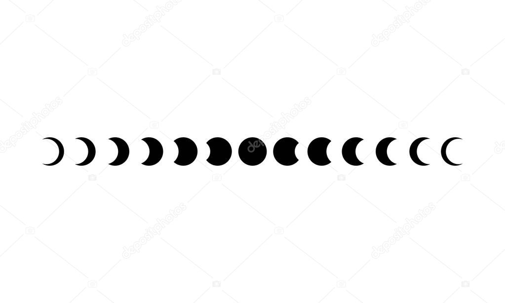 Moon phases icon set in black. Astronomy. Space. Eclipse. Vector on isolated white background. EPS 10.