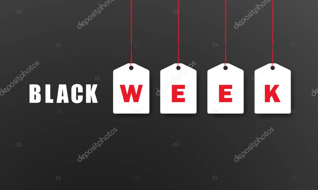 Black week banner. Sale week. Discount. Price tag. Vector on isolated background. EPS 10.