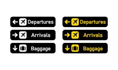 Gidiş, varış ve bagaj tabelası. Havaalanı tabelası. İzole edilmiş beyaz arkaplanda vektör. EPS 10.