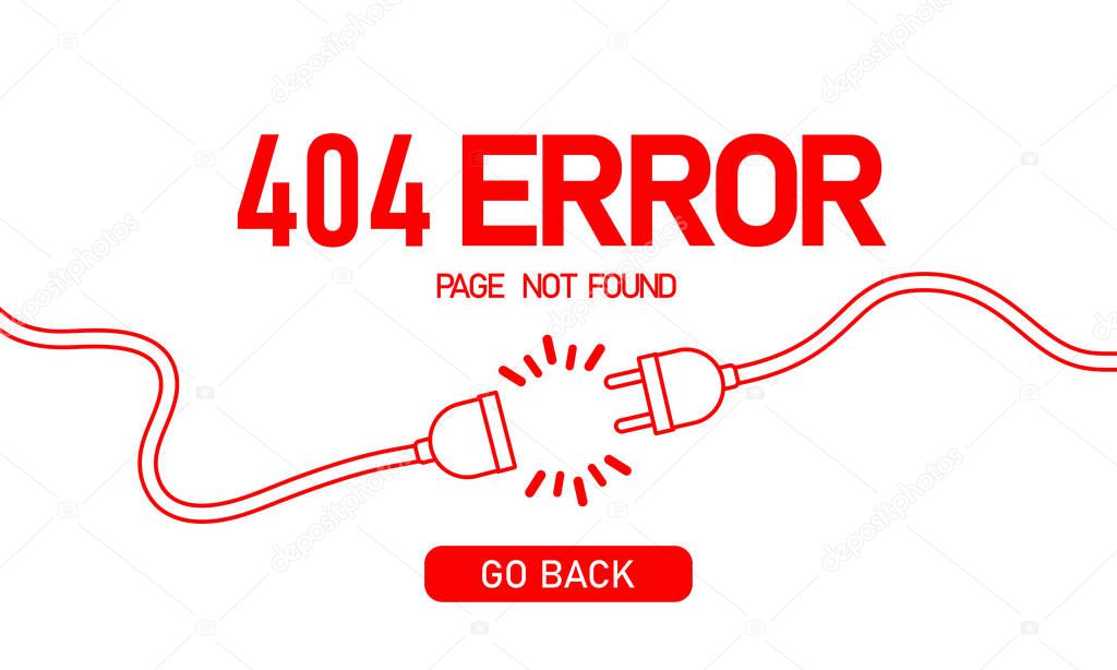 404 error banner. Loss connection. Electrical plug and socket design. Disconection. Vector on isolated white background. EPS 10.