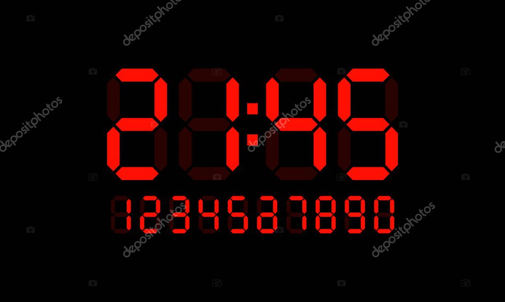 Digital clock number icon set. Vector on isolated black background. EPS 10.