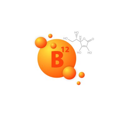 B12 vitamini simgesi. Beslenme takviyesi. Sağlık sigortası düğmesi. Kapsül. İzole edilmiş beyaz arkaplanda vektör. EPS 10