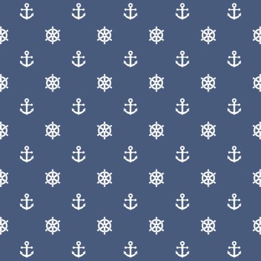 Beyaz çapaları ve tekerleri olan kusursuz bir denizcilik deseni. Mavi arkaplan