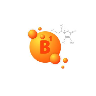 B1 vitamini simgesi. Beslenme takviyesi. Sağlık sigortası düğmesi. Kapsül. İzole edilmiş beyaz arkaplanda vektör. EPS 10