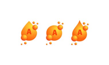 A vitamini ikonu seti. Güzellik tedavisi, beslenme, cilt bakımı. Sağlıklı ilaç ilacının özü. İzole edilmiş beyaz arkaplanda vektör. EPS 10