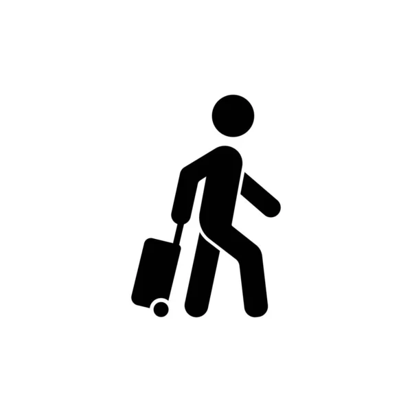 Yolcu simgesi. Seyahat çantası ikonu. Yuvarlanmak için çantayı çek. Bavul işareti taşıyan adam. Turist taşımacılığı. Kargo teslimatı. İzole edilmiş beyaz arkaplanda vektör. EPS 10