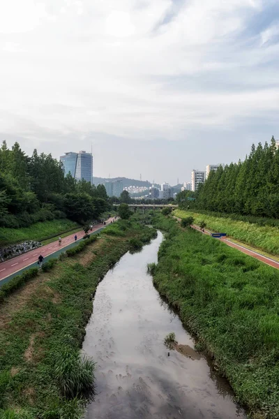 小さな川の川沿いジョギングと自転車漢江にリードします ソウル 南朝鮮 — ストック写真