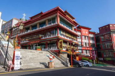 Incheon chinatown restoranlar ve mağazalar yaz öğleden sonra boyunca alınan cadde boyunca. Incheon, Güney Kore, Jung-gu bölgesinde sanki. 18th Temmuz 2018 alınan.