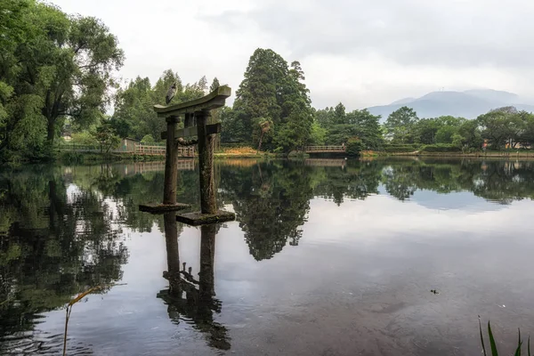 Una Garza Gris Sienta Parte Superior Puerta Torii Lago Kinrin — Foto de Stock