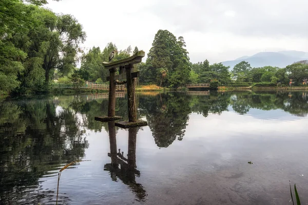 Una Garza Gris Sienta Parte Superior Puerta Torii Lago Kinrin — Foto de Stock