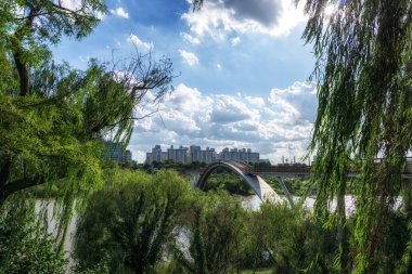 seonyudo Köprüsü çevresindeki park ağaçlar ve bitkiler ile Park çerçeve olarak görüntülenebilir. Seul, Güney Kore'de alınan