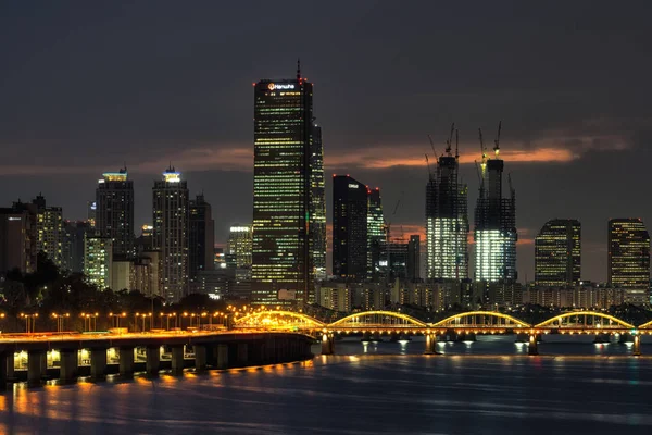 Yeouido Isola Hangang Ponte Illuminato Notte Vista Del Famoso Edificio — Foto Stock