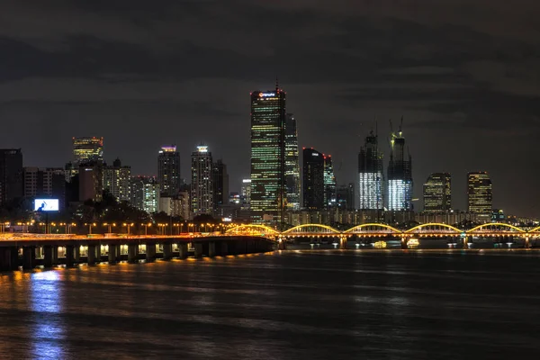 Yeouido Isola Hangang Ponte Illuminato Notte Vista Del Famoso Edificio — Foto Stock