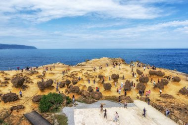 petek ve Tayvan Kuzey Sahili boyunca çeşitli sedementary kaya Yehliu geopark kalabalık ile kayalarda mantar.