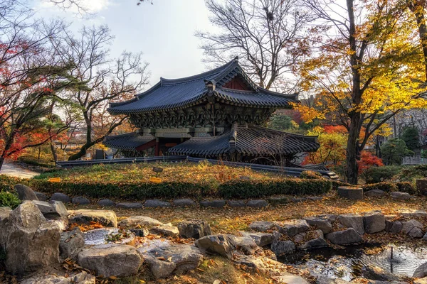 Gilsangsa temple gate autumn scenery taken from behind. Gilsangsa is a famous Buddhist temple in Seoul, South Korea