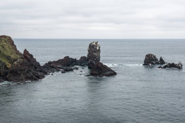 Seopjikoji manzara okyanus manzaralı kıyı çizgisinde birçok sivri taşlarla. Seopjikoji ünlü doğal dönüm noktası Jeju Adası, Güney Kore olduğunu