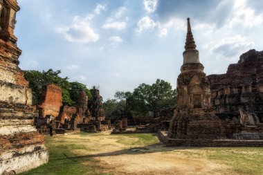 Wat Mahathat Prang ve Chedi veya Ayutthaya, Tayland 'daki Stupas manzarası