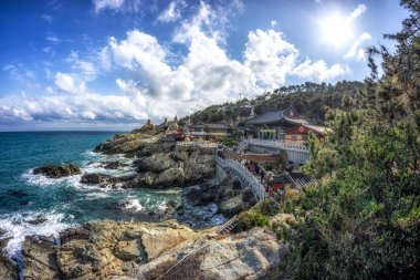 haedong yonggungsa Tapınağı görünümü. Okyanusun yanında ünlü Budist tapınağı inşa ve çam ağacı ormanları ile çevrilidir. Busan, Güney Kore'de çekilmiş. 14th Şubat 2019