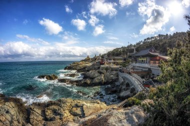 haedong yonggungsa Tapınağı görünümü. Okyanusun yanında ünlü Budist tapınağı inşa ve çam ağacı ormanları ile çevrilidir. Busan, Güney Kore'de çekilmiş. 14th Şubat 2019