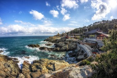 haedong yonggungsa Tapınağı görünümü. Okyanusun yanında ünlü Budist tapınağı inşa ve çam ağacı ormanları ile çevrilidir. Busan, Güney Kore'de çekilmiş. 14th Şubat 2019