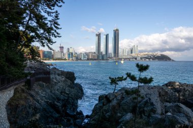 Busan Haeundae sahil plaj manzarası Busan, Güney Kore. Haeundae Busan ünlü plaj kuzeyinde. 14th Şubat 2019 alınan