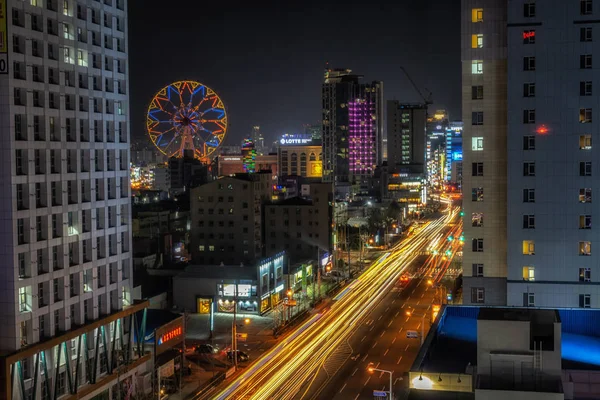 Ulsan Centro Cidade Noite Com Grande Roda Gigante Fundo Tomado — Fotografia de Stock