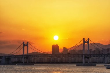 Busan Gwangandaegyo Köprüsü üzerinden günbatımı görünüm. Busan ünlü Bridge'de 7.4 km üzerinde uzanır ve ikonik bir cazibe olduğunu. Busan, Güney Kore