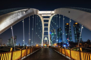 Taehwa köprü gece çekilmiş. Taehwa Köprüsü Taehwagang river grand Park: Ulsan, South Korea bulunur.
