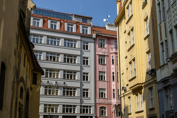 Traditional colorful architecture of prague old town area taken during summer. Taken on August 26th 2019