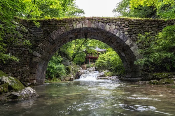 Seungseongyo bridge and the famous Korean pavilion over the creek water. Taken in Seonamsa temple, Suncheon, South Korea