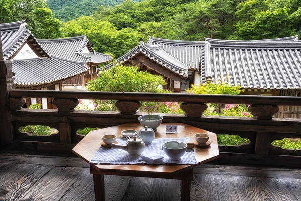Seonamsa wild tea house tea set ceremony. The Korean translation says for 2 people. Taken in Suncheon, South Korea
