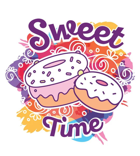 Vector Multicolor Illustration Cute Two Big Donuts Flowers Words Sweet — Stock Vector