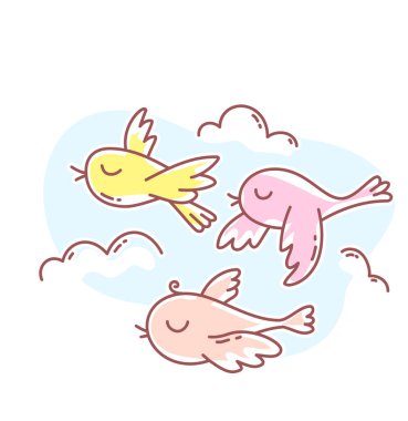 Göçmen kuşların vektör çizimi ilkbaharda beyaz arka planda eve geri döner. Baskı, web, site, hediye kartı, romantik pankart, tebrik kartı için düz çizgi sanat kuşu