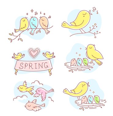 Mavi bulutlu güzel bahar kuşlarının temsili vektör seti. Kuşlar bir dala oturur, uçar, şarkı söyler. Baskı, web, site, hediye kartı, düğün davetiyesi, romantik pankart, tebrik kartı için düz çizgi sanat kuşu