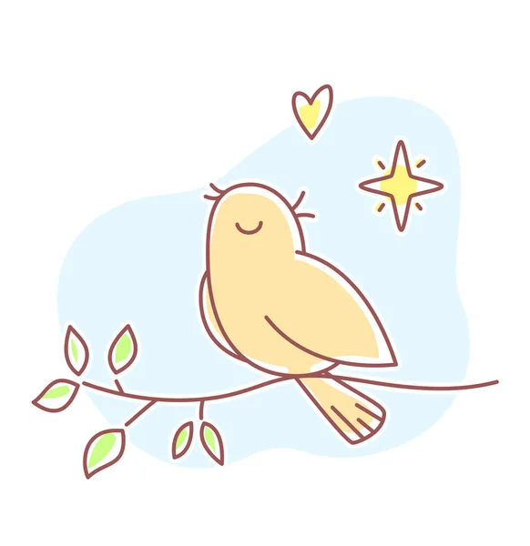 Vektorové Jarní Ilustrace Krásného Zpívajícího Ptáka Sedícího Větvi Modrým Mrakem — Stockový vektor