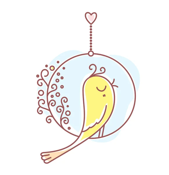 Ilustración Primavera Vectorial Hermoso Pájaro Cantor Sentado Elegante Columpio Con — Vector de stock